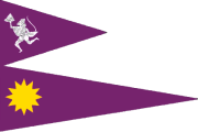 two purple triangular pennants, white Hanuman, yellow sun