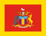 red, thick yellow border, coat of arms