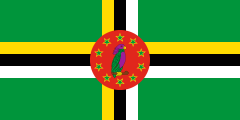 green, yellow-white-black cross, red circle, ring of green stars, purple parrot
