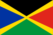 Martinique Taekwondo flag: yellow flared saltire surrounded by black, red, green, and blue