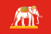 red, white elephant in gold regalia