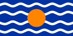 blue, four thin white wavy stripes, orange circle